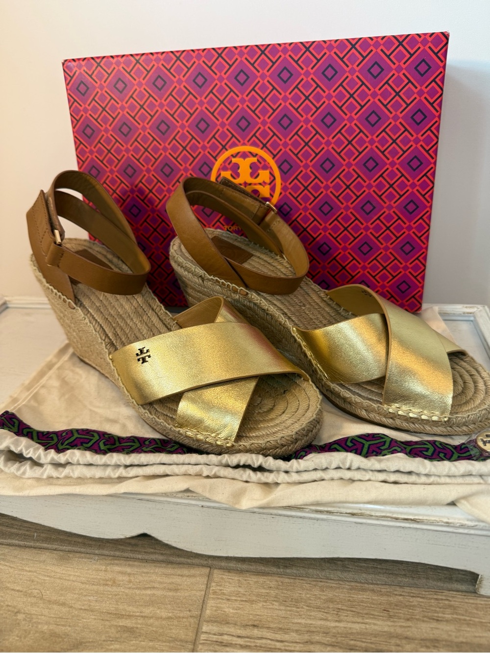 Tory Burch Metallic Gold and Brown Espadrille Wedge Sandals